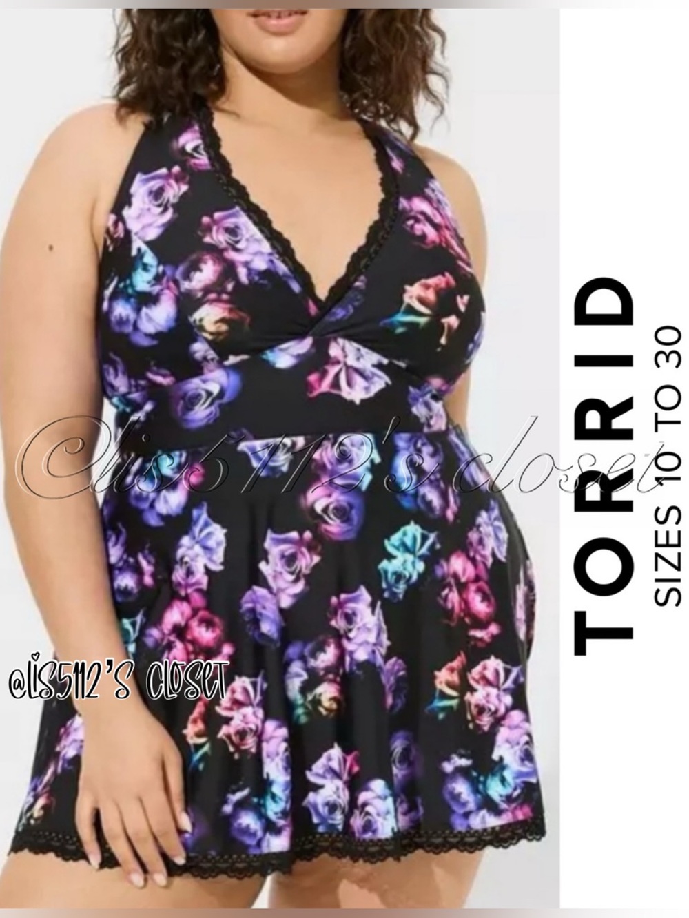 Torrid Black Rose Floral Wireless Mid Lace Trim Swim Dress Swimsuit 1X 14 16
